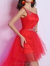 A-line One Shoulder Tulle Satin Asymmetrical Rhinestone Prom Dresses #02014270