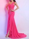 Sheath/Column One Shoulder Chiffon Court Train Split Front Prom Dresses #02014274