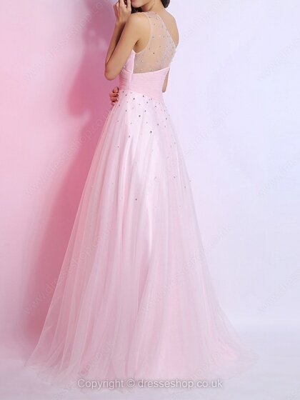 A-line One Shoulder Tulle Chiffon Satin Floor-length Beading Prom Dresses #02014277