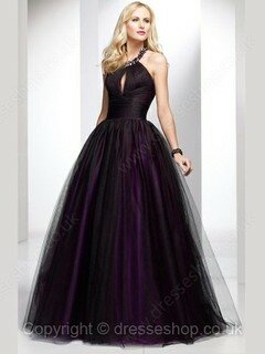 Ball Gown Satin Tulle with Beading Open Back Halter Purple Prom Dress #02015824