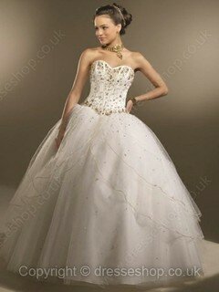 Ball Gown White Satin Tulle Beading Lace-up Sweetheart Prom Dress #02015833