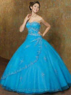 Ball Gown Blue Tulle Lace-up Appliques Lace Floor-length Quinceanera Dress #02015835