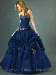 Sweetheart Royal Blue Organza Appliques Lace For Less Ball Gown Prom Dress #02015880