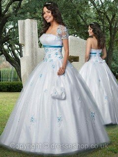 Ball Gown Appliques Lace White Tulle Lace-up Strapless Quinceanera Dresses #02015882