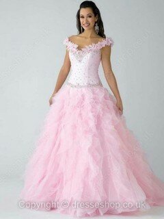 Off-the-shoulder Pink Organza Flower(s) Great Floor-length Quinceanera Dress #02015910
