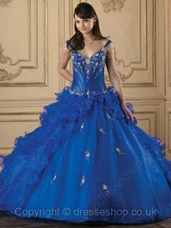 Ball Gown Lace-up Appliques Lace Royal Blue Organza Taffeta Floor-length Prom Dresses #02015965