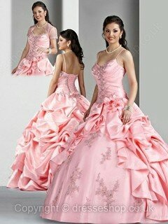 V-neck Pink Satin Tulle Floor-length Appliques Lace Spaghetti Straps Quinceanera Dress #02015967