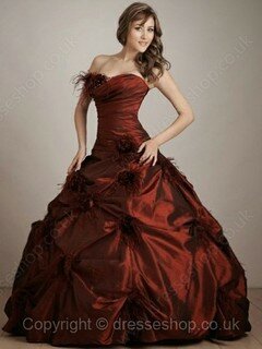 Popular Strapless Burgundy Taffeta Feathers / Fur Ball Gown Prom Dresses #02015969