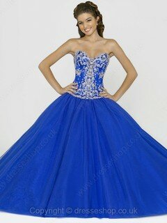 Sweetheart Floor-length Lace-up Beading Royal Blue Satin Organza Prom Dresses #02015787