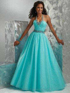 Ball Gown Blue Tulle Crystal Detailing Lace-up Halter Juniors Prom Dress #02015789