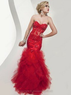 Trumpet/Mermaid Sweetheart Tulle with Appliques Lace Expensive Red Prom Dresses #02060482
