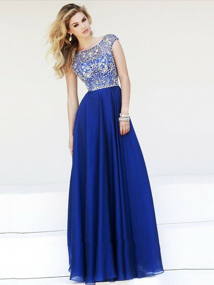 Royal Blue A-line Scoop Neck Tulle Chiffon Beading Cap Straps Prom Dress #02060485