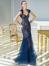 Trumpet/Mermaid V-neck Satin Tulle Floor-length Appliques Lace Prom Dresses #02060494