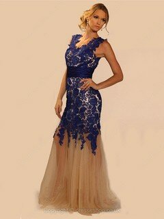 Sheath/Column Champagne Tulle Appliques Lace Backless V-neck Prom Dress #02060497