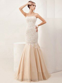 Strapless Stain Tulle with Appliques Lace Champagne Trumpet/Mermaid Prom Dresses #02060518