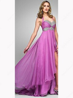 Sweep Train Lilac Chiffon Beading Good Split Front Halter Prom Dress #02060523