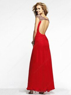 V-neck Crystal Detailing Red Chiffon Open Back Ankle-length Prom Dress #02060524