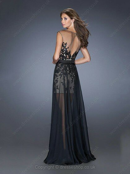 Detachable Scoop Neck Chiffon Tulle Appliques Lace Cap Straps Prom Dress #02060530