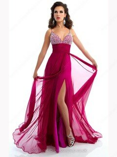 V-neck Fuchsia Chiffon Spaghetti Straps Beading Beautiful Split Front Prom Dress #02060537