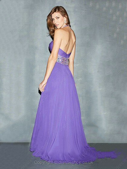 Newest Lilac Chiffon Beading Sweep Train Halter Prom Dresses #02060553