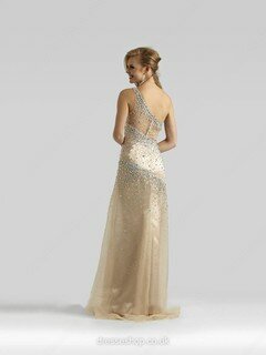 Modest Tulle with Crystal Detailing Champagne One Shoulder Prom Dresses #02060586