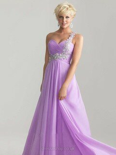 Newest Lavender Chiffon with Appliques Lace One Shoulder Prom Dress #02060594