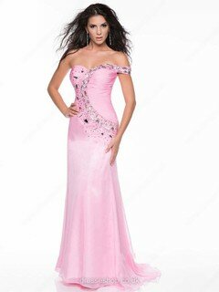 Women Off-the-shoulder Chiffon with Beading Sheath/Column Pink Prom Dresses #02060599