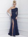 Trumpet/Mermaid One Shoulder Ivory Lace Split Front Long Sleeve Prom Dress #02015995