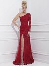 Trumpet/Mermaid One Shoulder Ivory Lace Split Front Long Sleeve Prom Dress #02015995