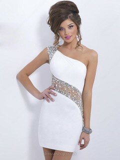 White Chiffon Tulle Crystal Detailing Short/Mini One Shoulder Prom Dresses #02016008
