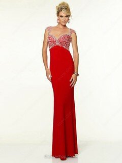 Sheath/Column V-neck Tulle Silk-like Satin Beading Open Back Red Prom Dress #02016020