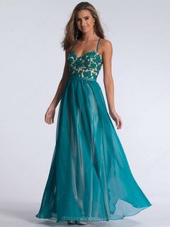 Spaghetti Straps Sweetheart Green Chiffon Appliques Lace Modest Prom Dress #02016023
