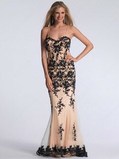 Champagne Sweetheart Satin Tulle Appliques Lace Trumpet/Mermaid Prom Dresses #02016030
