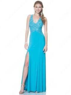 Sheath/Column V-neck Chiffon Appliques Lace Open Back Blue Prom Dresses #02016036
