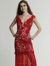 V-neck Cap Straps Red Lace Chiffon Tulle Appliques Lace Sheath/Column Prom Dresses #02016041