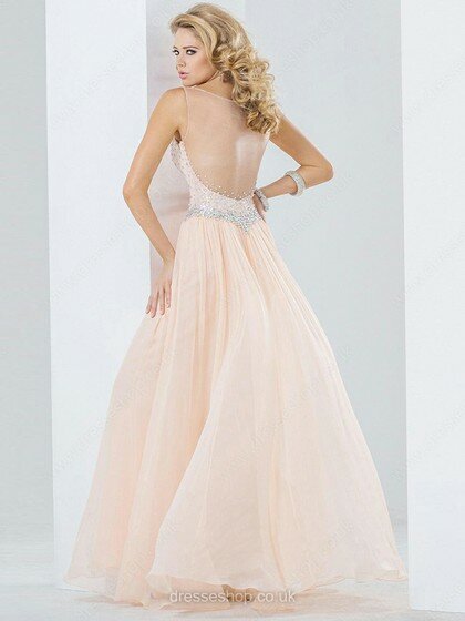 Cheap A-line Scoop Neck Chiffon Tulle with Crystal Detailing Zipper Side Prom Dress #02016045