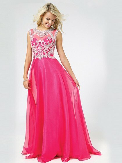 Newest A-line Scoop Neck Chiffon Tulle Beading Fuchsia Prom Dresses #02016048