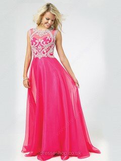 Newest A-line Scoop Neck Chiffon Tulle Beading Fuchsia Prom Dresses #02016048