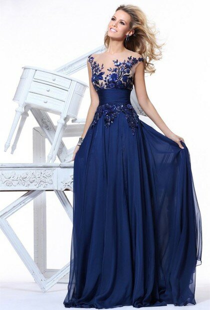 Modest Scoop Neck Chiffon Tulle Sweep Train Appliques Lace Royal Blue Prom Dress #02016049