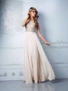 Exclusive 3/4 Sleeve A-line Chiffon Tulle Beading Scoop Neck Prom Dress #02016053