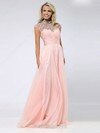 A-line High Neck Tulle Chiffon Sweep Train Beading Prom Dresses #02016055