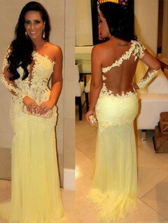 Trumpet/Mermaid One Shoulder Chiffon Satin Tulle Sweep Train Appliques Lace Prom Dresses #02016068