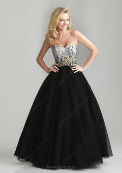 Princess Black Satin Tulle with Crystal Detailing Latest Sweetheart Prom Dress #02016120