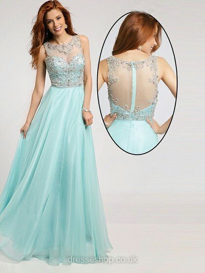 Famous A-line Scoop Neck Chiffon Tulle Beading Light Sky Blue Prom Dresses #02016137