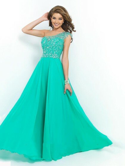 Online One Shoulder Green Chiffon Tulle Beading A-line Prom Dress #02016482