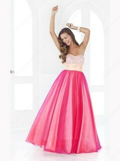 Gorgeous Princess Tulle Elastic Woven Satin Beading Sweetheart Fuchsia Prom Dresses #02016527