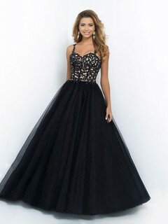 Princess Sweetheart Backless Tulle Appliques Lace Black Prom Dress #02016532