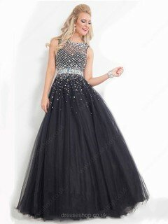 Black Scoop Neck Tulle Crystal Detailing Backless Princess Prom Dresses #02016535