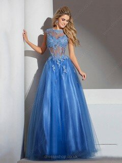 Princess Blue Cap Straps Satin Tulle with Beading Scoop Neck Prom Dresses #02016541