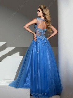 Princess Blue Cap Straps Satin Tulle with Beading Scoop Neck Prom Dresses #02016541